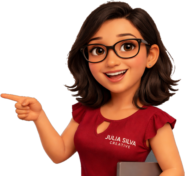 Mascote da Júlia Silva Creative apontando para os trabalhos